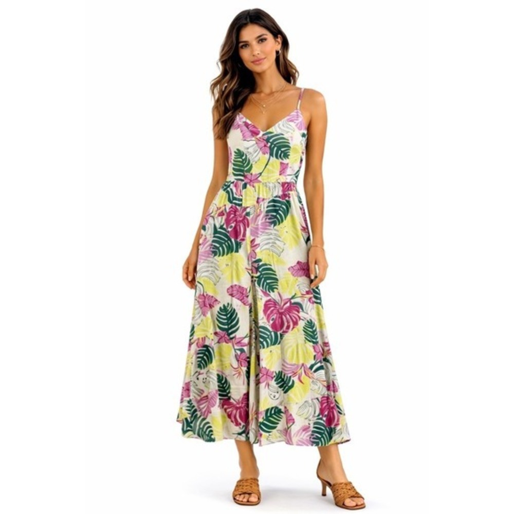 Nicole Miller Linen Blend Tropical Wide Leg Jumpsuit Overalls Women L Yellow NEW